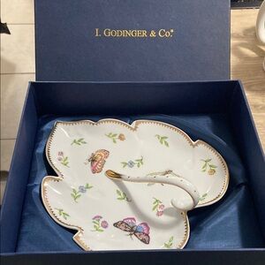 Vintage I. Godinger & Co. Butterfly, Leaves 8” Trinket Dish Gold Trim Porcelain